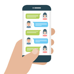Chatting with chatbot on phone, online conversation with texting message vector concept. Illustration of screen with messaging