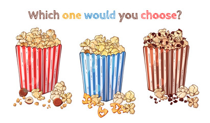 Vector snacks: nut popcorn, cheese popcorn, chocolate popcorn.