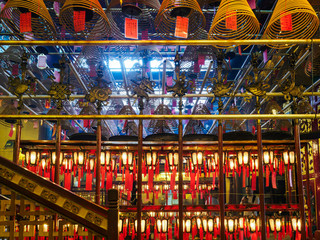 Incense coils and hinese lanterns inside the Man Mo temple, Hong Kong Island - 251802723