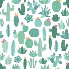 Seamless pattern of hand-drawn green tropical cacti. Vector illustration of a cactus in the Scandinavian style for the summer, children, print, background, typography, textiles, nursery, baby, home