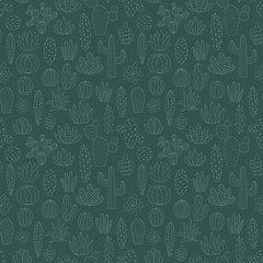 Seamless pattern of hand-drawn tropical cactus silhouette on the dark green background. Summer scandinavian exotic Vector illustration of cacti for child, print, typography, baby, home, textile