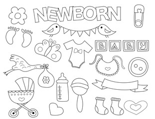 Newborn set of icons and objects. Hand drawn doodle baby shower design concept. Black and white outline coloring page game. Monochrome line art. Vector illustration.