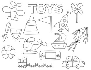 Toys set of icons and objects. Hand drawn doodle kids play and entertainment design concept. Black and white outline coloring page game. Monochrome line art. Vector illustration.