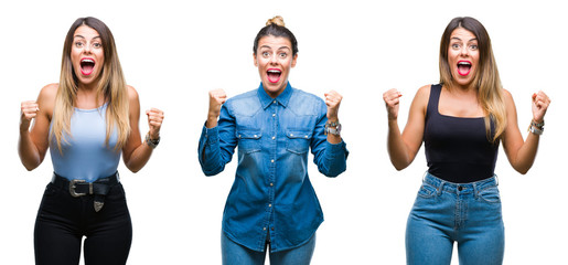 Collage of young beautiful woman over isolated background celebrating surprised and amazed for success with arms raised and open eyes. Winner concept.