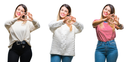 Collage of young beautiful woman over isolated background smiling in love showing heart symbol and shape with hands. Romantic concept.