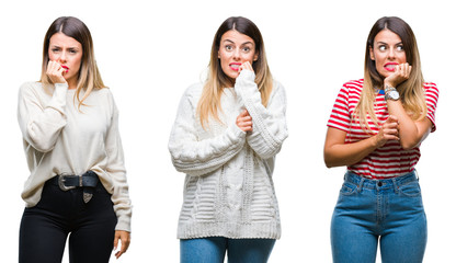Obraz premium Collage of young beautiful woman over isolated background looking stressed and nervous with hands on mouth biting nails. Anxiety problem.