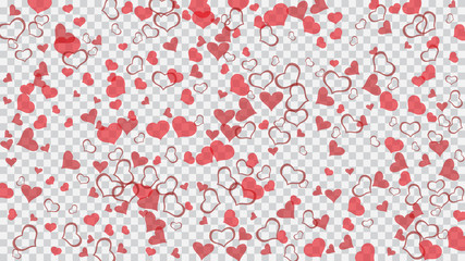 Red on Transparent background Vector. Part of the design of wallpaper, textiles, packaging, printing, holiday invitation for birthday. Red hearts of confetti crumbled. Spring background.