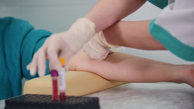 Taking a blood sample for testing in the tube and putting it on the stand