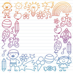 Children garden, Patern, Hand drawn children garden elements pattern, doodle illustration, Vector, illustration, Vertical, gradient.