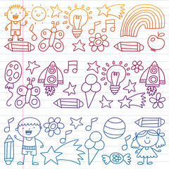 Children garden, Patern, Hand drawn children garden elements pattern, doodle illustration, Vector, illustration, Vertical, gradient.