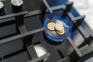 Cost of gas, concept crisis. Gas stove with coins in flame. The cost of methane. Gas coins more expensive, Payment