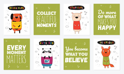 Vector poster collection with cartoon funny animals and hipster slogan