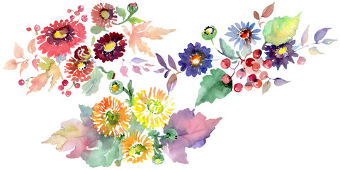 Bouquets with flowers and fruits. Watercolor background illustration set. Isolated bouquets illustration element.