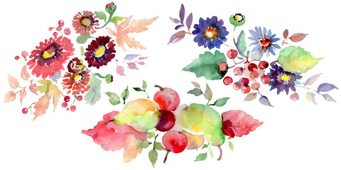 Bouquets with flowers and fruits. Watercolor background illustration set. Isolated bouquets illustration element.