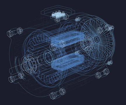 Wireframe of the motor. Internal parts of the engine. 3D Vector illustration
