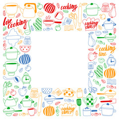 Vector set of children's kitchen and cooking drawings icons in doodle style. Painted, colorful, pictures on a piece of paper on white background.
