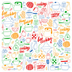 Vector set of children's kitchen and cooking drawings icons in doodle style. Painted, colorful, pictures on a piece of paper on white background.