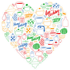 Vector set of children's kitchen and cooking drawings icons in doodle style. Painted, colorful, pictures on a piece of paper on white background.