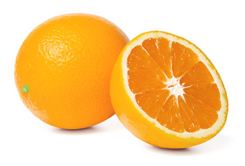 Orange and half an orange on an isolated white background. Close up. Side view.