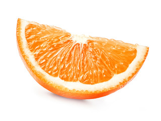 Juicy slice of fresh orange with peel on a white isolated background. Close-up. Side view.