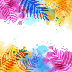 Abstract background with watercolor splashes and palm leaves