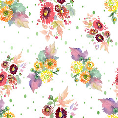 Bouquets with flowers and fruits. Watercolor background illustration set. Seamless background pattern.