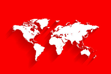 White world map on red background, vector