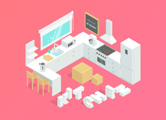 Kitchen interior vector illustration. Isometric room. The kitchen furniture and household appliances.