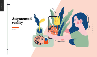 Technology 1 -Augmented reality, modern flat vector concept digital illustration -augmented reality metaphor -woman with tablet. Creative landing web page design template
