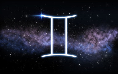 astrology and horoscope - gemini zodiac sign over dark night sky with stars and galaxy background