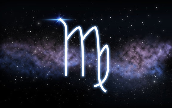 astrology and horoscope - virgo zodiac sign over dark night sky with stars and galaxy background