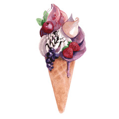 Ice-cream with cherry, strawberry and chocolate in cone. Watercolor illustration isolated on white backgrond. Vector