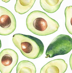 Hand-drawn watercolor seamless pattern with fresh green avocado on the white background. Repeated fruit background. - Illustration