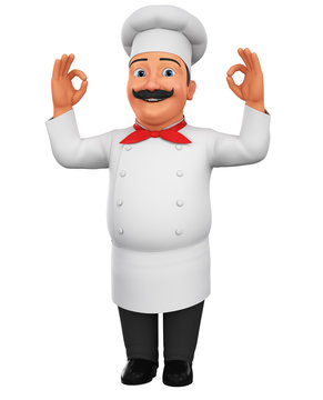 Cartoon chef character shows two okey on white background. 3d rendering. Illustration for advertising.