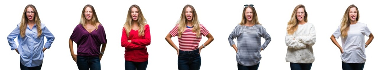 Collage of young beautiful blonde woman over isolated background sticking tongue out happy with funny expression. Emotion concept.