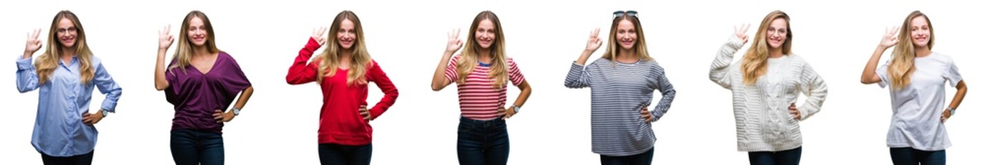 Collage of young beautiful blonde woman over isolated background smiling positive doing ok sign with hand and fingers. Successful expression.