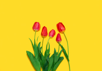 red flowers bunch is on yellow background with blank space - love and holiday concept