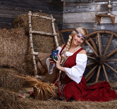 Beautiful Woman Portrait In Russian Style. Beautiful Russian Girl In Traditional Dress. Russian Style.