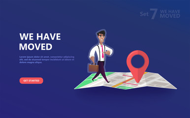 We have moved vector illustration concept. We have moved new office icon location.  Change location announcement business home map. Use for, landing page, template, ui, web, mobile app, poster, banner
