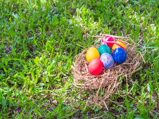 Row of Easter eggs in Fresh Green Grass.