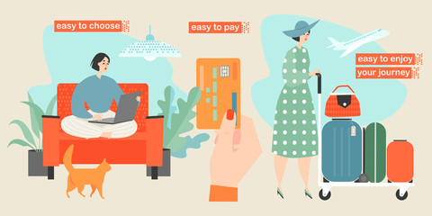 Vector conceptual illustration with cute girl buying tickets online
