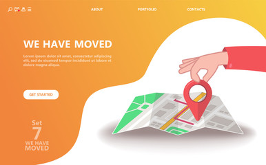 We have moved vector illustration concept. We have moved new office icon location.  Change location announcement business home map. Use for, landing page, template, ui, web, mobile app, poster, banner