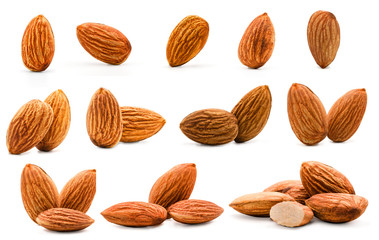 Isolated of almonds nut collection on white background. Clipping path -Image.