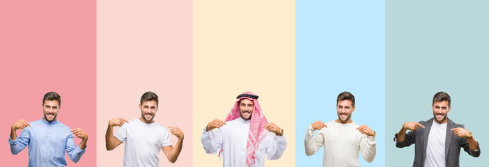 Collage of handsome young man over colorful stripes isolated background looking confident with smile on face, pointing oneself with fingers proud and happy.