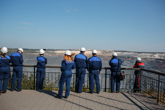 Belgorod, Russia - September 11, 2018:workers in white helmets stand