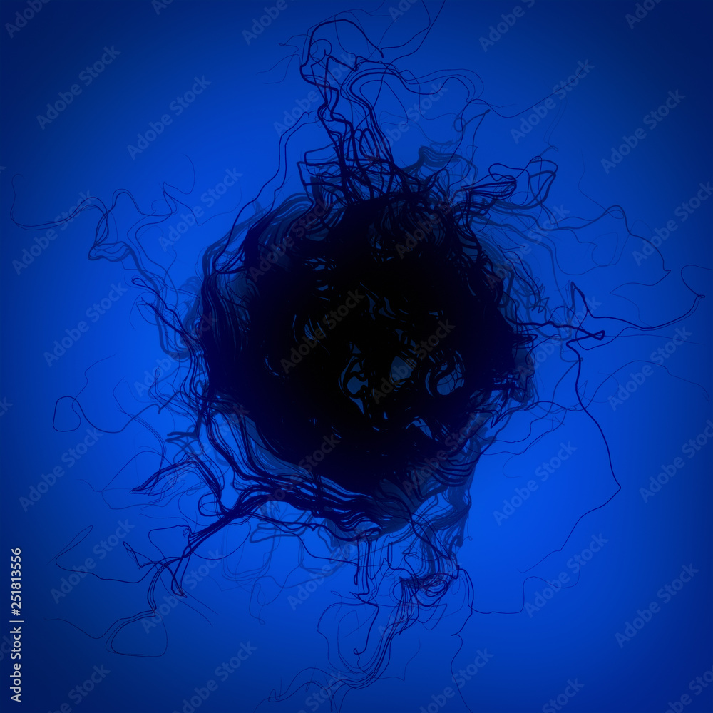 Poster Abstract interweaving psychedelic dark lines surrounded by colored mist. Curled wire futuristic pattern. 3d rendering