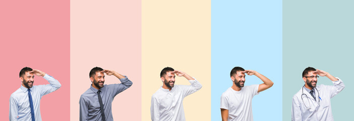 Collage of handsome man over colorful stripes isolated background very happy and smiling looking far away with hand over head. Searching concept.