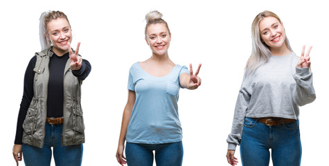 Obraz premium Collage of beautiful blonde young woman over isolated background smiling with happy face winking at the camera doing victory sign. Number two.
