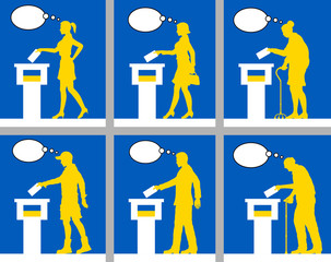 Ukrainian citizens voting for election in Ukraine with thought bubble