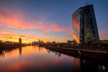 Europäische Zentralbank mit Frankfurter Skyline im Sonnenuntergang